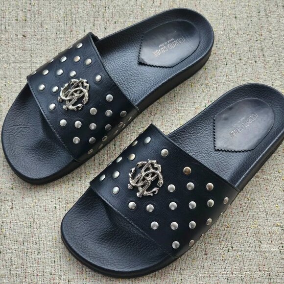 Roberto Cavalli Slide Black Rubber Upper Sandal Shoes Made in Italy Size 41